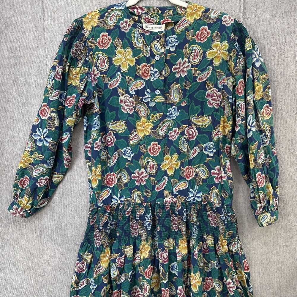 Vtg 80s Lauren Alexandra Dress Womens 4 Green Silk Long‎ Maxi Floral Smocked